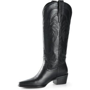 Women Pu Midnight Black Knee High Pointed Toe Block Heel Cowboy Western Boots